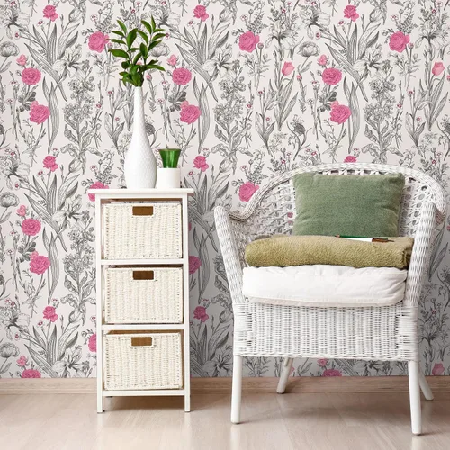 Vista 4 de VEELIKE Papel tapiz de dibujo floral gris para despegar y pegar, papel tapiz de flores rosas de 17.7 x 118 pulgadas, papel de pared botánico vintage