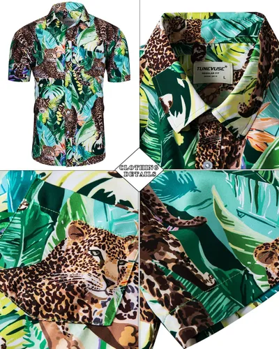 Vista 8 de TUNEVUSE Conjunto de camisas y pantalones cortos hawaianos para hombre, 2 piezas, trajes de playa con estampado de flores, traje tropical de verano