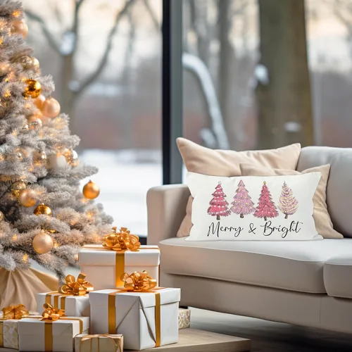 Vista 3 de Fundas de almohada rosas de Navidad, 12 x 20 pulgadas, decoración de almohada lumbar para dormitorio, sofá
