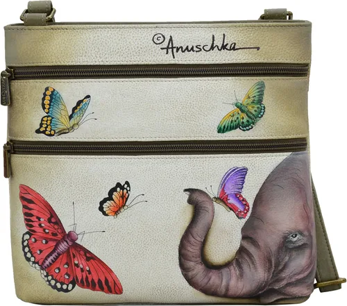 Vista 2 de Anuschka Bolso cruzado de cuero genuino pintado a mano para mujer con organizador de cremallera frontal y protección RFID, portatarjetas y ventana