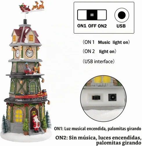 Vista 8 de Casas de Pueblo Navideño Edificios Coleccionables de Navidad Campanario con Luces LED, Pueblo de Vacaciones Navideñas Musical con USB Figuras