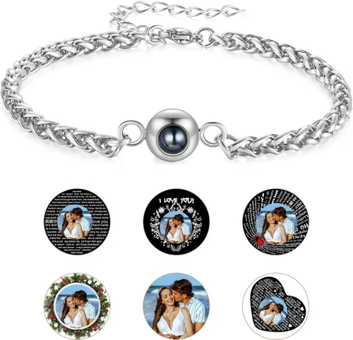 Vista 20 de Pulsera con inicial personalizada con imagen en el interior, cuerda de proyección de fotos personalizada para hombres y mujeres, regalo