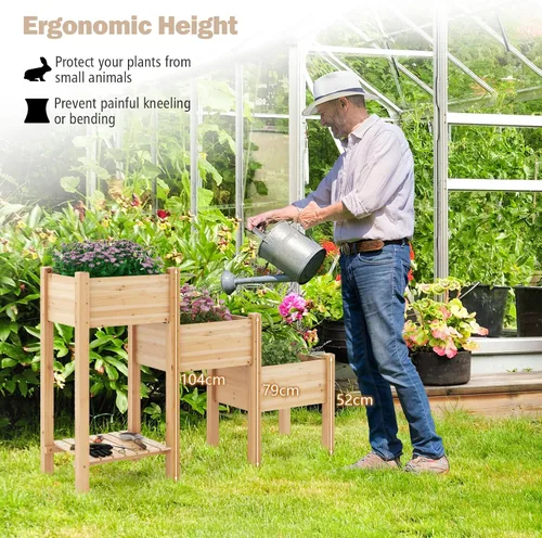 Vista 9 de Giantex Juego de 3 camas de jardín elevadas, jardinera de madera con estante de almacenamiento, camas elevadas para frutas, verduras, flores, Natural