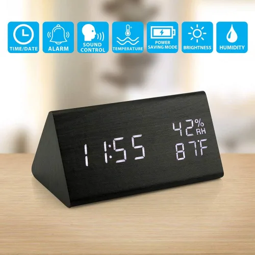 Vista 8 de OCT17 Reloj de alarma de madera, reloj digital LED inteligente para dormitorio/escritorios, actualizado con hora, temperatura, brillo ajustable