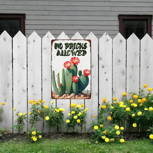 Vista 6 de Cartel de metal con diseño de cactus No Pricks Allowed de 8 x 12 pulgadas para decoración de pared