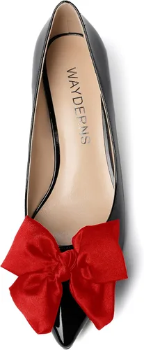 Vista 3 de WAYDERNS Zapatos de tacón bajo para mujer, patente, puntera puntiaguda, decoración de lazo, zapatos de tacón bajo de 1.5 pulgadas