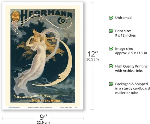 Vista 2 de Alexander Herrmann's Beautiful Illusion - Maid of the Moon - Póster mágico vintage c.1898 - Impresión artística maestra (sin marco) 9 x 12 pulgadas