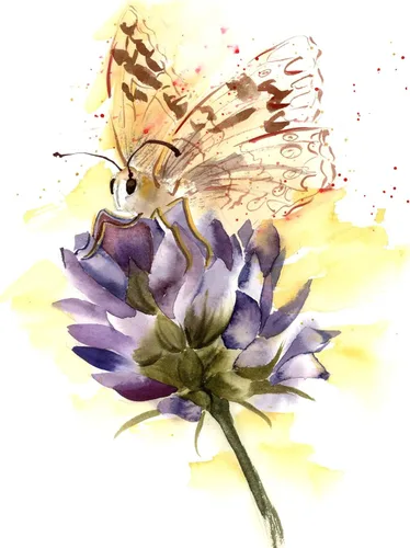 Vista 3 de Impresión artística de pintura de acuarela de mariposa y flor, decoración de pared vibrante púrpura y amarillo, obra de arte polinizador, carteles e