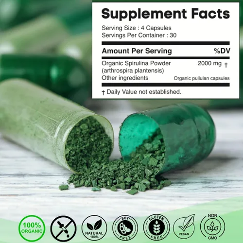 Vista 2 de ME LIFE & HEALTH Cápsulas SPIRULINA, ricas en proteínas, antioxidantes y vitaminas, polvo de espirulina 100% orgánica, apoya la salud inmunológica