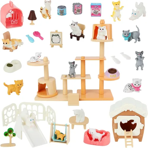 Vista 8 de Juego de figuras de gato, paquete de 40 juguetes de simulación para mascotas, figuras realistas de gato, juguetes de plástico para el cuidado