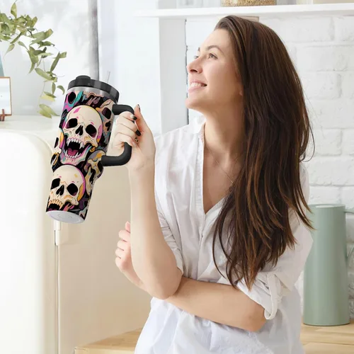 Vista 6 de Botella de agua de boca ancha al vacío con diseño de calavera de animales de dibujos animados coloridos para niños con tapa y pajita, taza