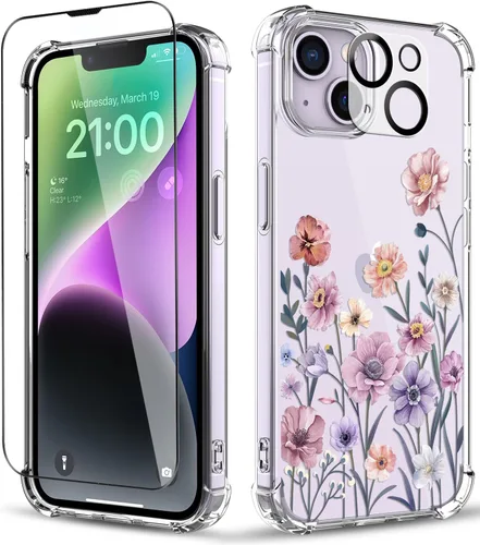 Vista 20 de Funda para iPhone 14, [3 en 1] con protector de pantalla y protector de lente de cámara, diseño de patrón de flores, transparente, suave, a prueba