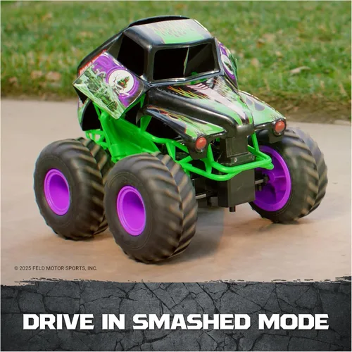 Vista 10 de Monster Jam, Vehículo oficial de Smash & Bash Grave Digger con control remoto para interiores y exteriores, camión monstruo reparable a escala 1:15