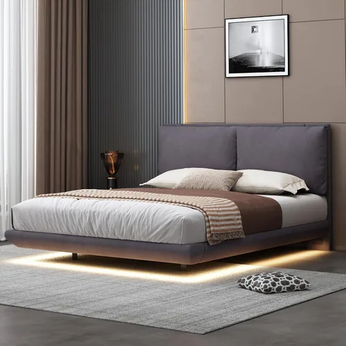 Vista 21 de Cama de plataforma flotante, marco de cama de madera tamaño individual con rayas claras, tela de lino suave y cabecera de diseño capitoné