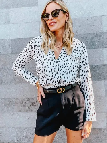 Vista 3 de ECOWISH - Blusa casual para mujer con cuello en V, túnica con estampado de leopardo, manga larga y con botones