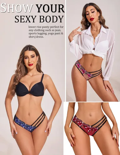 Vista 2 de Avidlove Bragas sexy para mujer, paquete de bragas de malla bordadas con mariposa