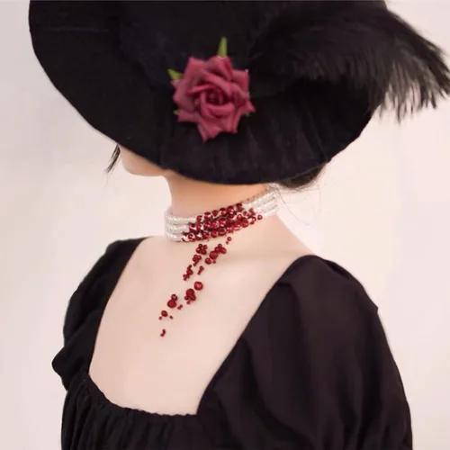 Vista 6 de Dripping Blood Choker Imitation Pearls Halloween Party Necklace Vampire Party Costume