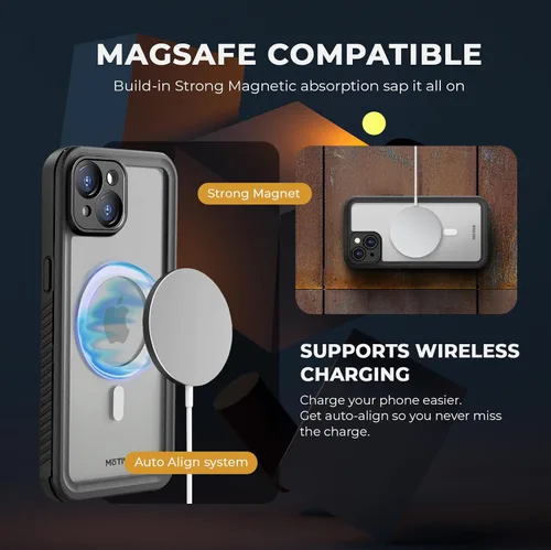 Vista 4 de MOTIVE Funda impermeable para iPhone 15, protector de pantalla integrado, compatibilidad MagSafe sin costuras, protector a prueba de polvo, a prueba