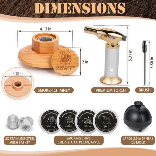 Vista 7 de Kit de ahumador de cócteles – Kit de camarero para ahumar bebidas con antorcha, moldes de hielo esfera, virutas de madera aromática – Kit