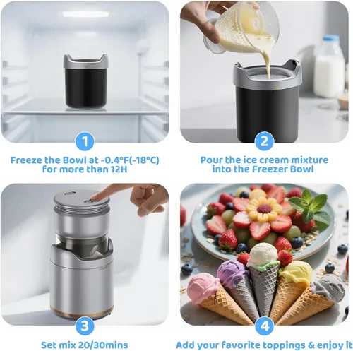Vista 5 de BRIOBITE Máquina de helados, máquina de helado suave recargable con bajo ruido, compacta para 1-2 porciones, perfecta para sorbete, gelato, yogur