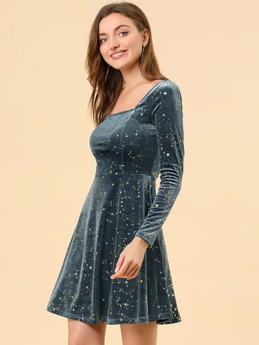 Vista 2 de Allegra K Vestidos de terciopelo de manga larga para mujer, cuello cuadrado de estrella, acampanado, mini vestido para fiesta, cóctel, Navidad Gris