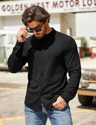 Vista 3 de COOFANDY Camisa de vestir elástica de manga larga con botones de punto acanalado para hombre