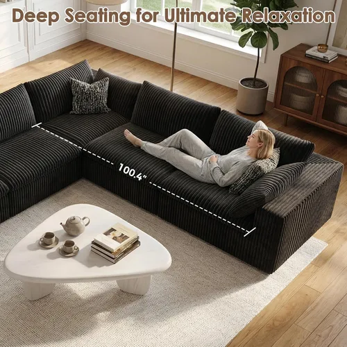 Vista 7 de 118" Cloud Couch Oversized Modular Sectional Sofa, Boneless L-Shaped 6 Seater Deep Seat Couch with Ottoman, Soft Corduroy Upholstery, DIY Negro