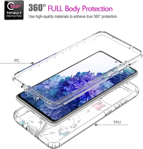 Vista 3 de Funda para Galaxy S20 FE 5G, SM-G781U con protector de pantalla de vidrio templado, cuerpo completo transparente con protección de diseño floral
