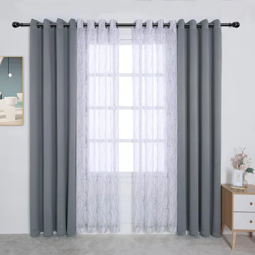 Vista 21 de BONZER Cortinas para Mezclar y Combinar - 2 Piezas de Cortinas Transparentes con Estampado de Ramas y 2 Piezas de Cortinas Opacas para Dormitorio