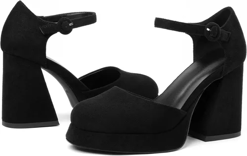 Vista 4 de Joseywade Plataforma Mary Janes - Zapatos de tacón grueso para mujer, puntera redonda cerrada, correa de tobillo de 4 pulgadas, zapatos de tacón alto