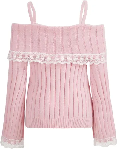 Vista 4 de Camiseta de punto de manga larga con ribete de encaje Y2K para mujer, suéter de punto liso a la moda