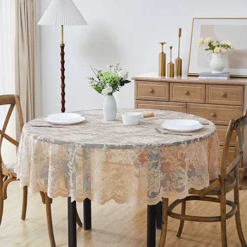 Vista 10 de LinenZone Hermoso mantel redondo de encaje con elegante borde festoneado para cualquier evento especial como bodas, fiestas de cumpleaños, baby