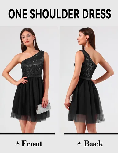 Vista 2 de BeryLove Vestido de lentejuelas para mujer, con purpurina brillante, un hombro, vestido de fiesta, club, vestido de fiesta bodycon vestido