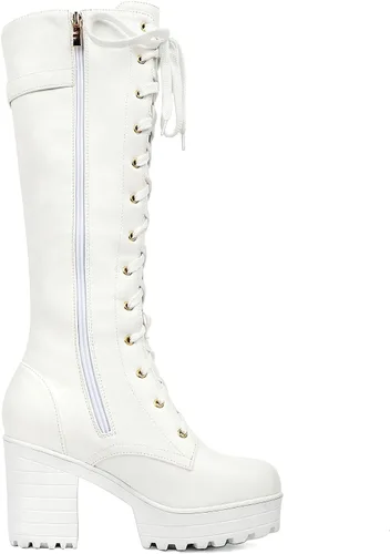 Vista 49 de Parisuit Botas góticas altas hasta la rodilla con hebilla de plataforma para mujer, tacón alto grueso, con cordones, botas de combate punk, con Negro