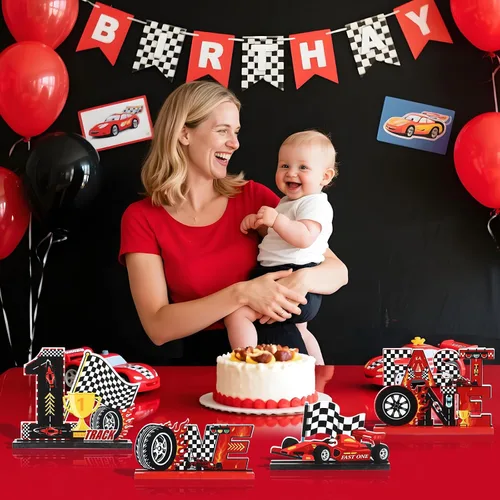 Vista 5 de 4 piezas de decoración rápida de un cumpleaños para niños, auto de carreras, centros de mesa de madera de primer cumpleaños, decoración de fiesta