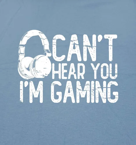 Vista 2 de Feelin Good Tees - Camiseta divertida para jugadores con frase gráfica de video juegos Can't Hear You I'm Gaming y audífonos estampados