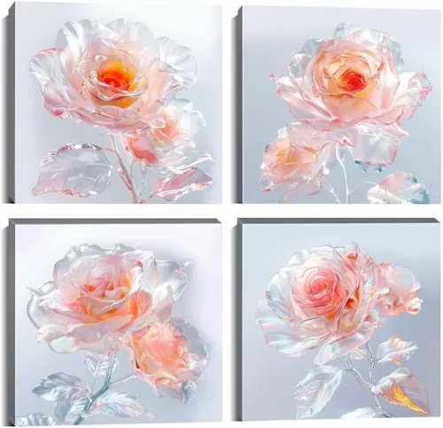Vista 39 de Wall HDQ Arte de pared de flores para baño, dormitorio, sala de estar, decoración de pared azul y naranja, pintura floral, lienzo impreso, imagen