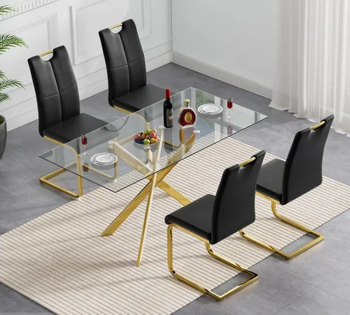 Vista 3 de Henf Juego de mesa de comedor de 5 piezas para 4, mesa de comedor rectangular de 51 pulgadas y 4 sillas de comedor negras de poliuretano, mesa