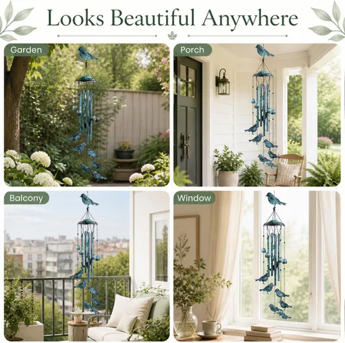 Vista 6 de Campanillas de viento de pájaros para exteriores, campanillas de viento para exteriores con 4 tubos grandes de aluminio y gancho en S - decoración