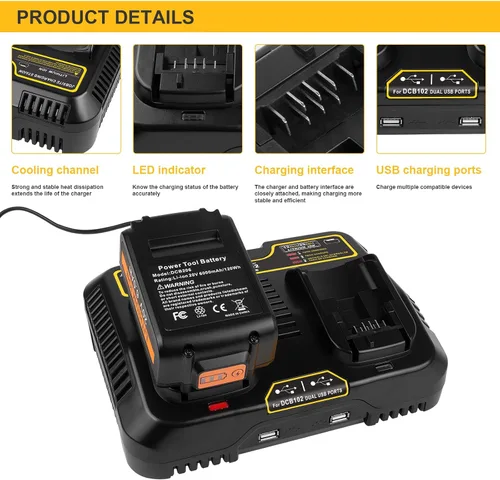 Vista 4 de Futurebatt DCB102 Cargador de repuesto para Dewalt 12V 20V 60V Max Dual Fast Charger Station Cargador de batería DCB203 DCB204 DCB205 DCB206 DCB201