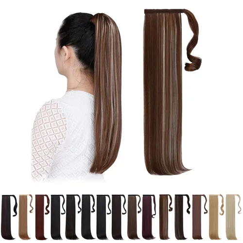 Vista 42 de Extensiones de cola de caballo negras, colas de caballo rizadas con clip, 22 pulgadas, 3.5 onzas, extensión de cabello sintético envolvente del pelo