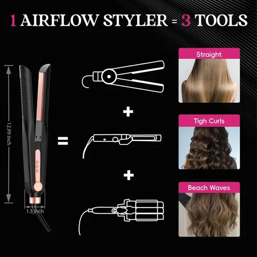 Vista 3 de SKIMI Airflow Styler, plancha de pelo de titanio alisadora de cabello plana, rizador de pelo profesional con tomas de aire de enfriamiento