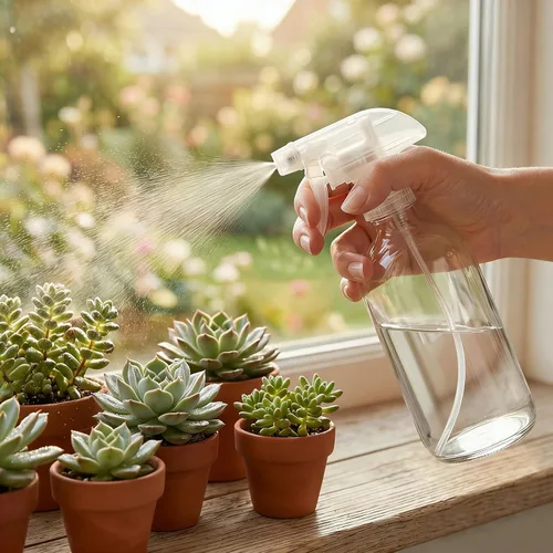 Vista 7 de Paquete de 9 botellas rociadoras de vidrio, botellas redondas Boston transparentes vacías de 16 onzas, recipiente recargable con rociador de gatillo