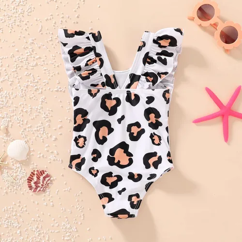 Vista 2 de Traje de baño de una sola pieza a cuadros para bebé, traje de baño de playa con volantes de leopardo