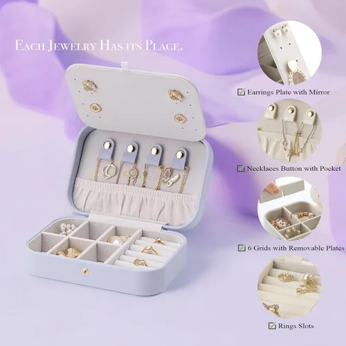 Vista 3 de Vlando Pequeño organizador de joyero de viaje Joyas espejadas, collares, anillos, aretes, collar, estuche de almacenamiento para niñas, mujeres