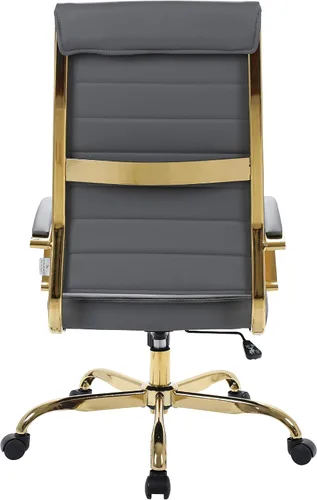 Vista 7 de LeisureMod Silla de oficina moderna de cuero con respaldo alto, silla de escritorio ejecutiva giratoria y ajustable con marco dorado, diseño Gris