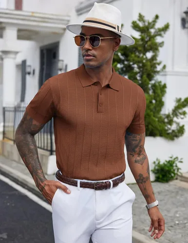 Vista 134 de COOFANDY Camisas polo de punto para hombre de manga corta con textura acanalada Camisas de golf casuales y ligeras con cuello Camiseta de polo