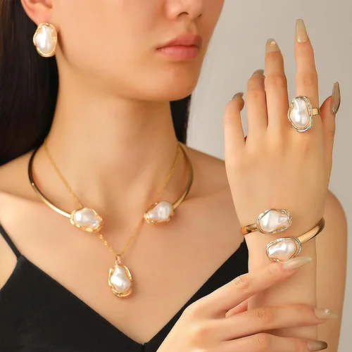 Vista 5 de HETICA Collar con colgante de perlas barrocas de 5 piezas, collar, anillos, aretes, pulsera, irregular, conjunto de joyas de perlas de regalo