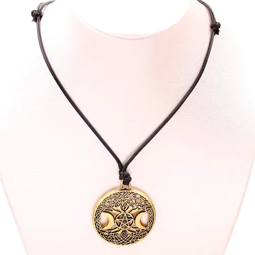 Vista 4 de Collar con colgante de estrella de pentagrama de triple luna celta con nudo celta, joyería pagana redonda Dorado antiguo