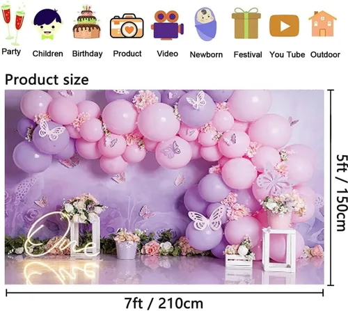 Vista 6 de Fondo de fotografía para fiesta de cumpleaños de niña, globos rosas y morados, mariposa, país de las maravillas, baby shower, flores, fondo